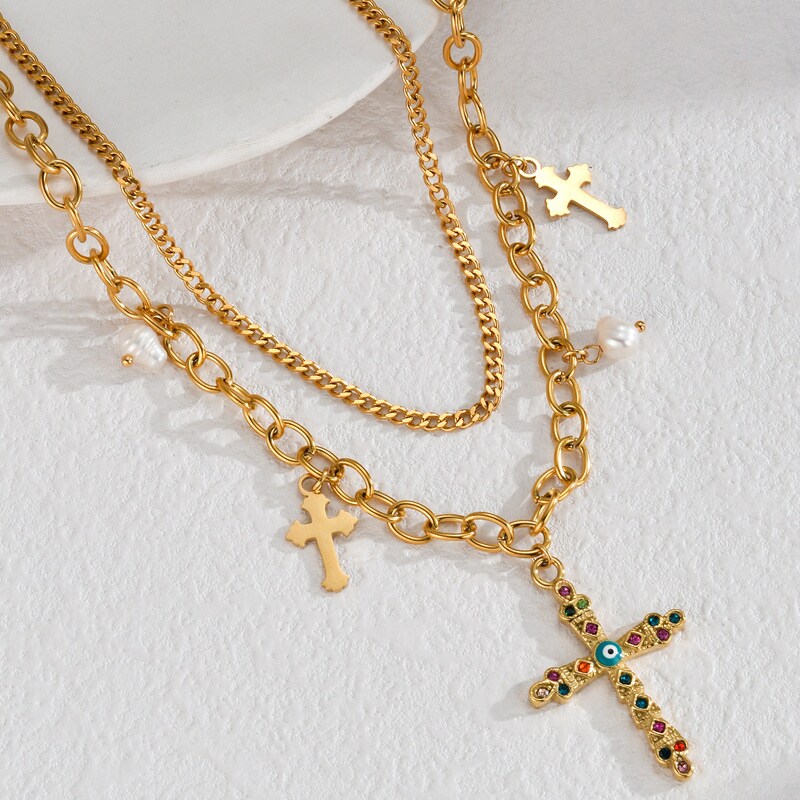 1 Piece Luxurious Fashionable Style Cross Shape Stainless Steel 18K Gold Plated Inlay Artificial Pearl Women's Pendant necklaces 